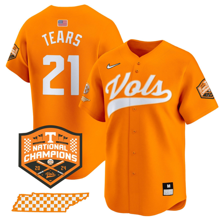 Kavares Tears Jersey #21 Tennessee Volunteers Baseball 2024 Champions Vapor Premier Limited  Orange