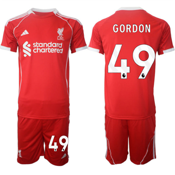 Kaide Gordon Jersey #49 Liverpool Red Home 2025 Soccer Suit