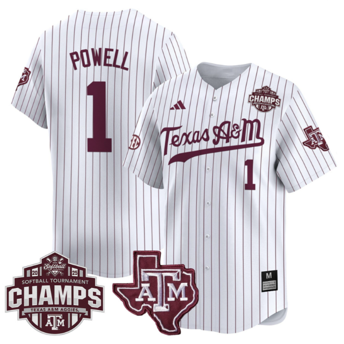 Kennedy Powell Jersey #1 Texas A&M Aggies 2025 SEC Champions Patch Limited Stitched White Pinstripe