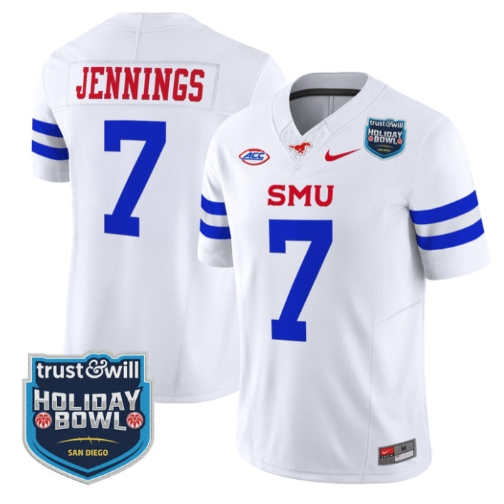 Kevin Jennings Jersey #7 SMU Mustangs 2026 Holiday Bowl Patch Stitched White