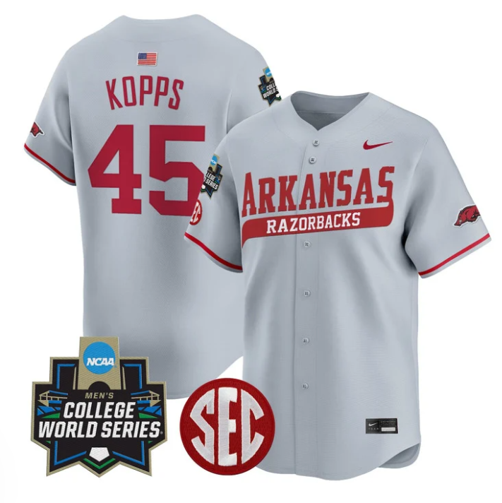 Kevin Kopps Jersey #45 Arkansas Razorbacks 2025 World Series Stitched Gray