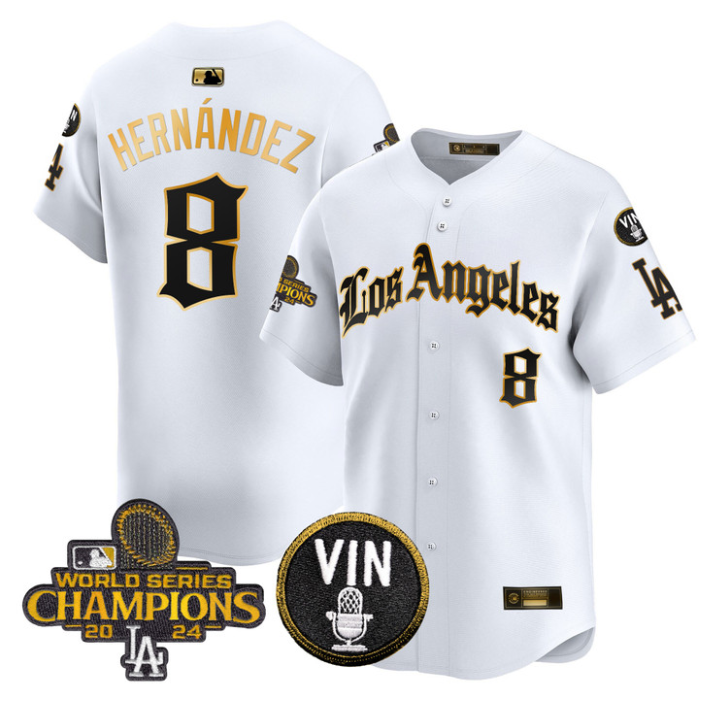 Kike Hernandez Jersey #8 Dodgers 2025 LA Gothic Style Stitched White Gold