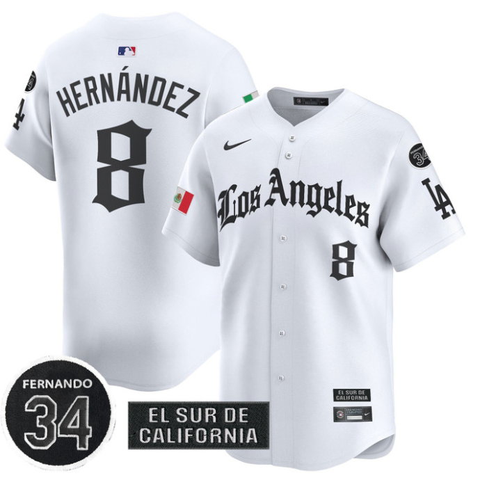 Kike Hernandez Jersey #8 Dodgers Mexico 2025 LA Gothic Style Patch Premier Limited Stitched White