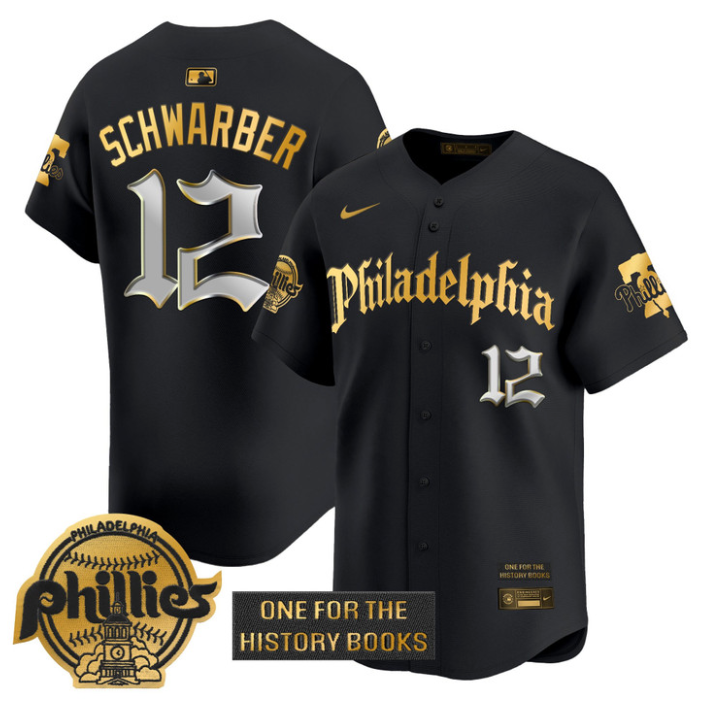 Kyle Schwarber Jersey #12 Phillies Retro Newspaper Edition Gold Vapor Premier Stitched Black Gold
