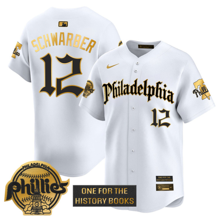 Kyle Schwarber Jersey #12 Phillies Retro Newspaper Edition Gold Vapor Premier Stitched White Gold