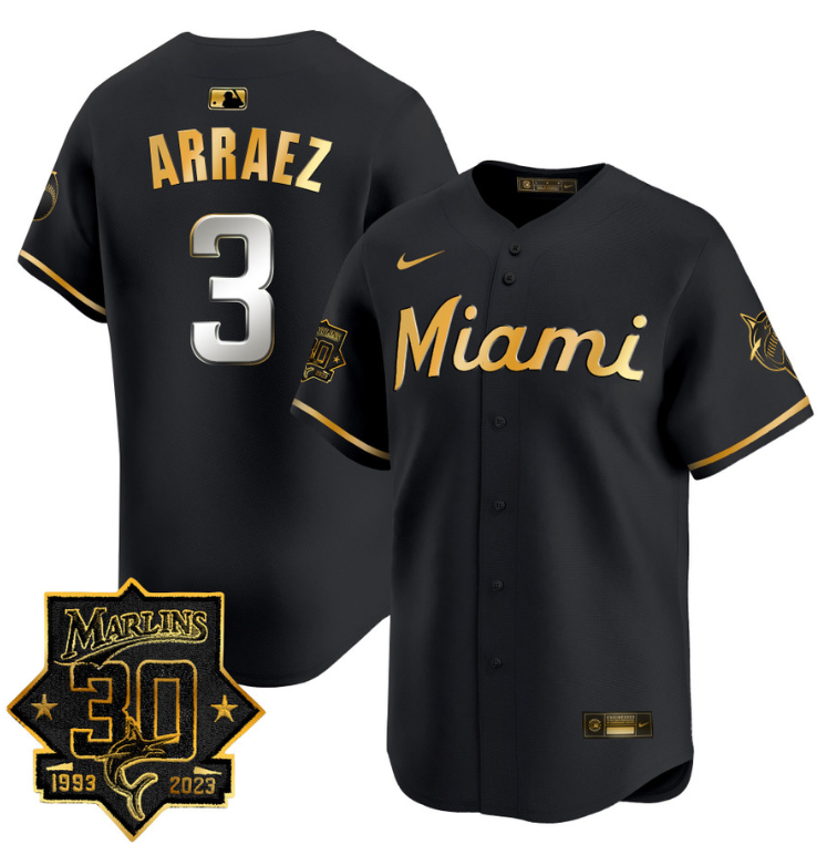 Luis Arraez Jersey #3 Miami Marlins 30 Seasons Anniversary Patch Limited Stitched Black Gold