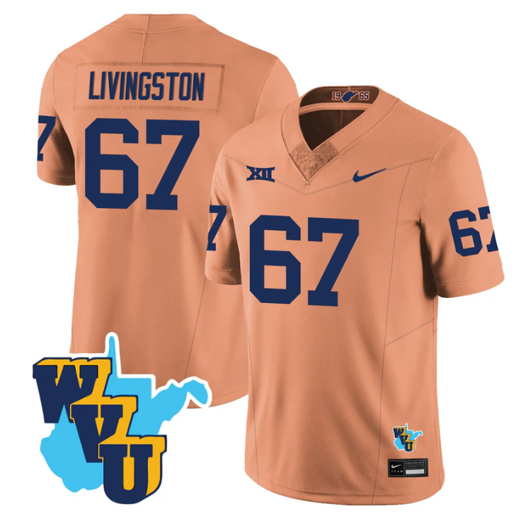 Landen Livingston Jersey #67 West Virginia Mountaineers 1965-2025 Throwback Gold
