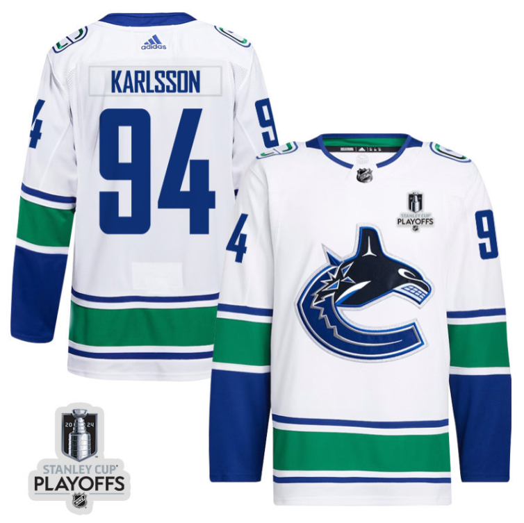 Linus Karlsson 94 Vancouver Canucks 2024 NHL Playoffs Patch Away Jersey - Men, White