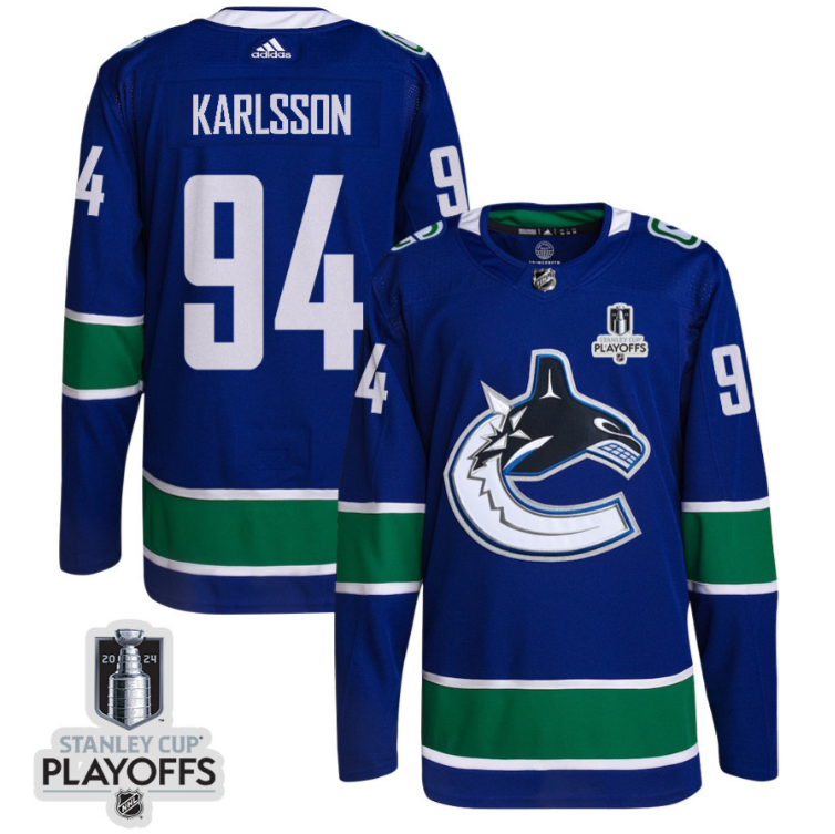 Linus Karlsson 94 Vancouver Canucks 2024 NHL Playoffs Patch Home Jersey - Men, Blue