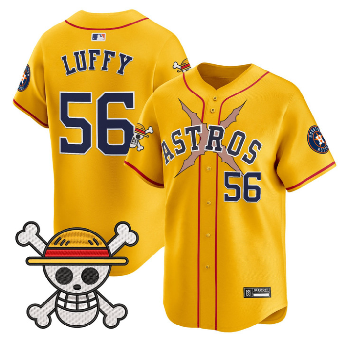 Luffy Jersey #56 Houston Astros One Piece 2025 Vapor Limited Stitched Gold