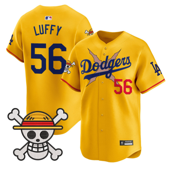 Luffy Jersey #56 Los Angeles Dodgers One Piece 2025 Vapor Limited Stitched Gold