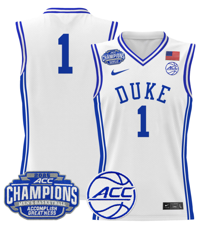 Men Team Jersey #1 Duke Blue Devils 2025 ACC Champions Stitched White