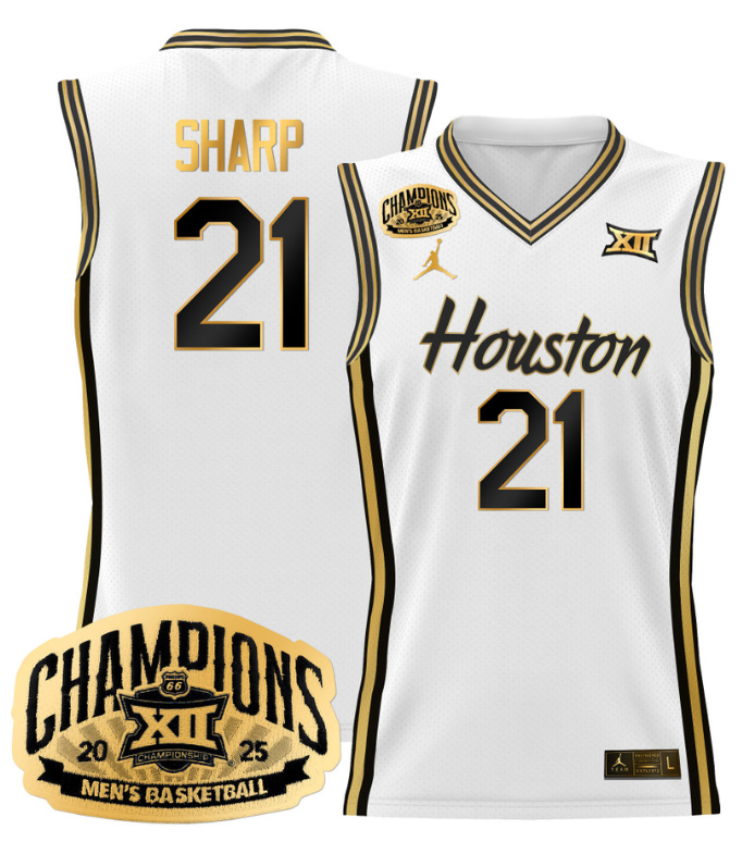 Men Emanuel Sharp Jersey #21 Houston Cougar 2025 Big 12 Champions White Gold
