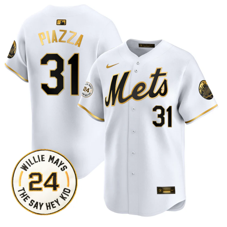 Mike Piazza Jersey #31 Mets Willie Mays Patch Vapor Premier Limited Stitched White Gold