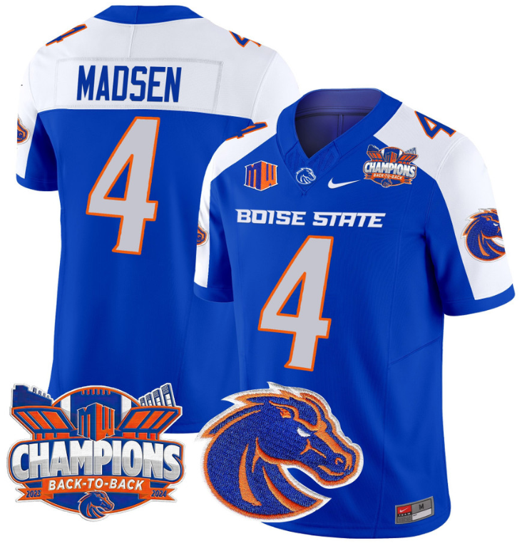 Maddux Madsen Jersey #4 Boise State Broncos Back To Back Champions Royal Alternate
