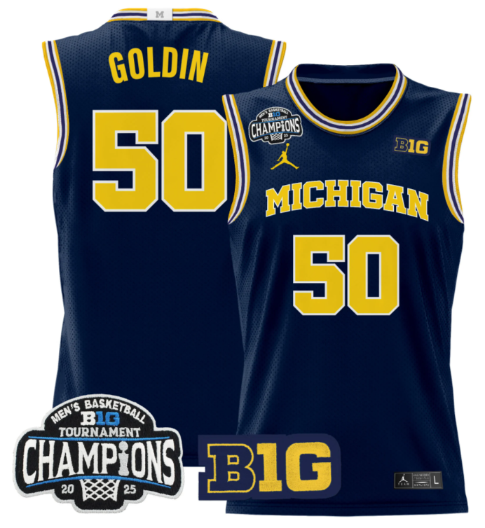 Men Vladislav Goldin Jersey #50 Michigan Wolverines 2025 Big Ten Champions Navy
