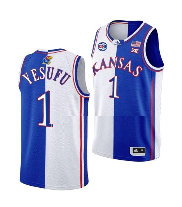 Men's #1 Joseph Yesufu Jersey Kansas Jayhawks College Basketball Jerseys Blue White Split