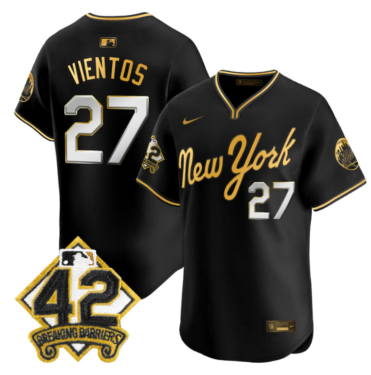 Mark Vientos Jersey #27 New York Mets 2025 Jackie Robinson Patch Road Alternate Stitched Black Gold
