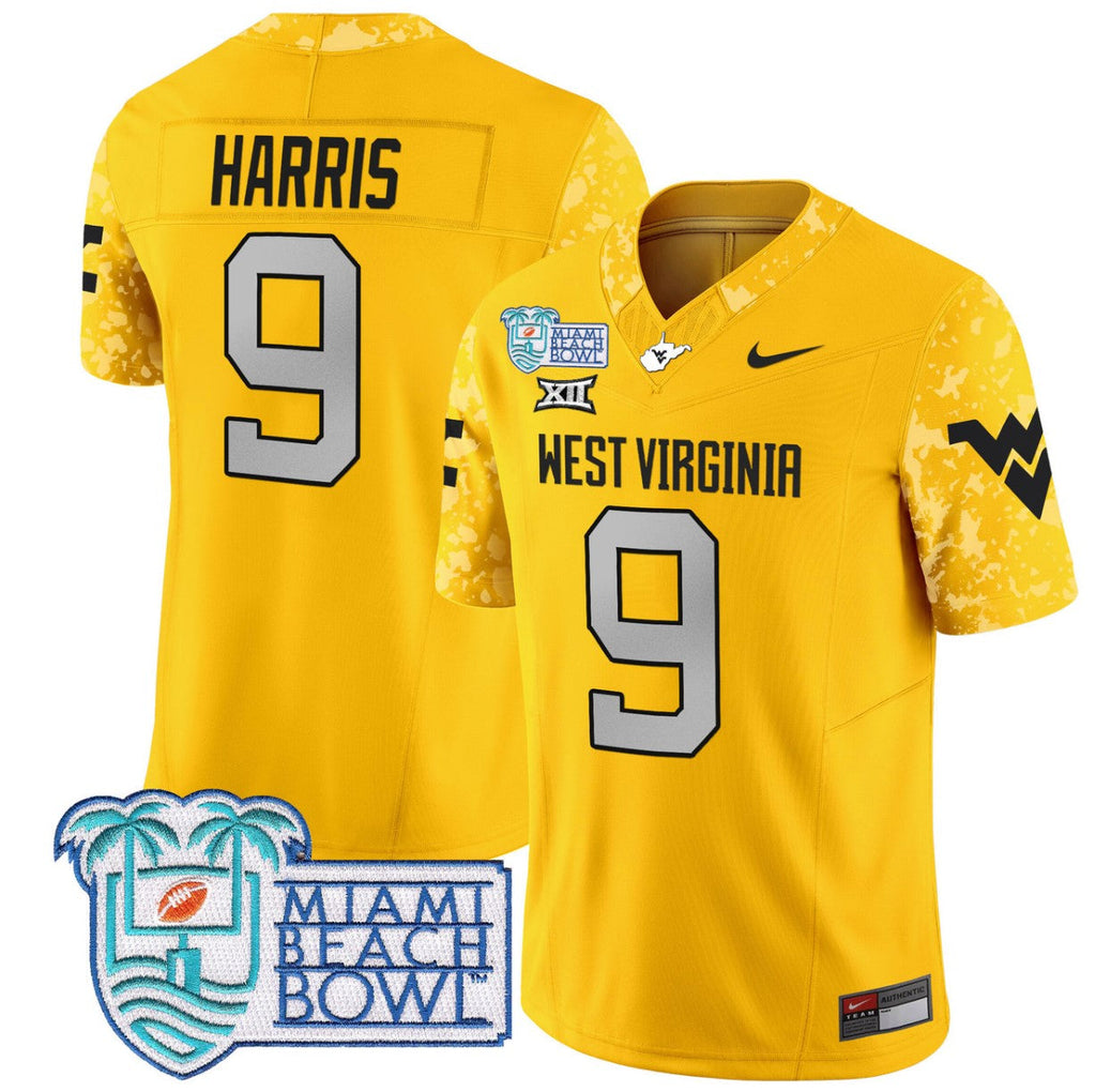 Major Harris Jersey #9 West Virginia Mountaineers 2025 Miami Beach Bowl Gold