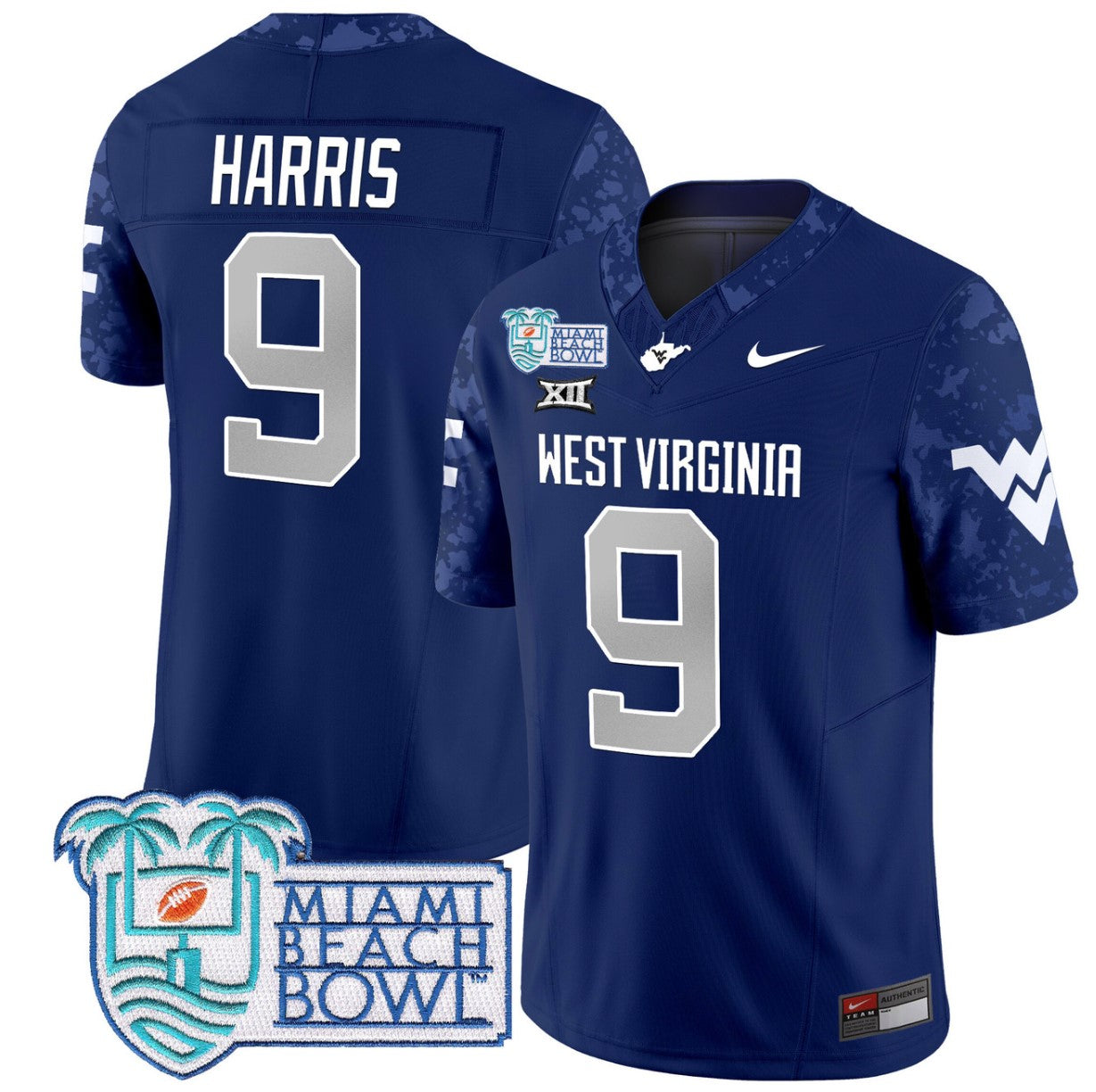 Major Harris Jersey #9 West Virginia Mountaineers 2025 Miami Beach Bowl Navy