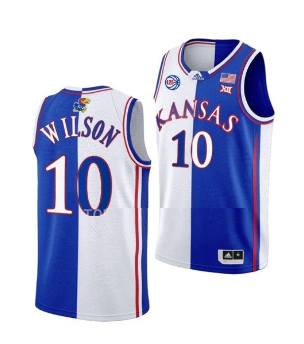 Men's #10 Jalen Wilson Jersey Kansas Jayhawks College Basketball Jerseys White Royal Split