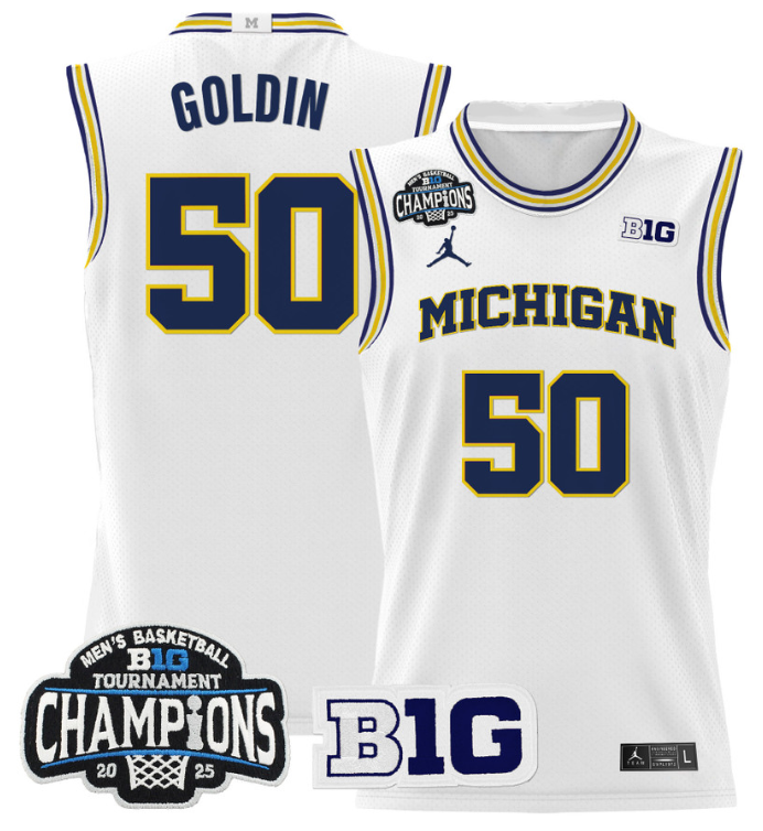 Men Vladislav Goldin Jersey #50 Michigan Wolverines 2025 Big Ten Champions White