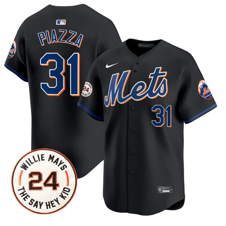 Mike Piazza Jersey #31 Mets Willie Mays Patch Vapor Premier Limited Stitched Black