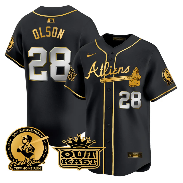 Matt Olson Jersey #28 Atlanta Braves Atliens Hank Aaron Patch Limited Stitched Black Gold
