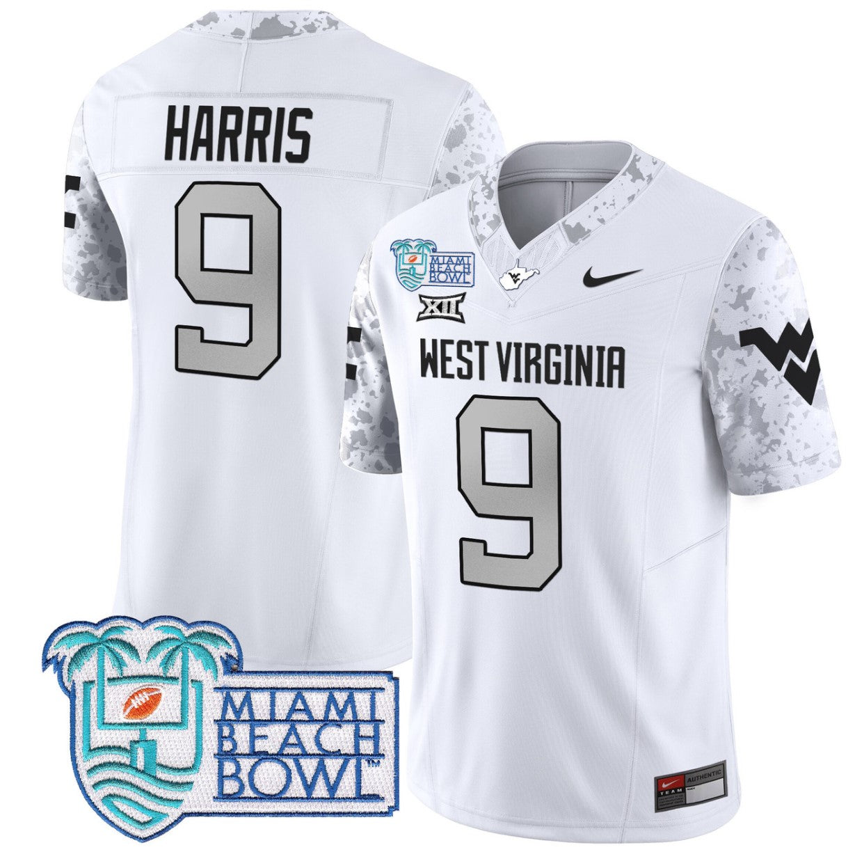 Major Harris Jersey #9 West Virginia Mountaineers 2025 Miami Beach Bowl White