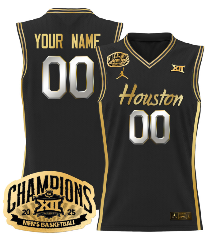 Men Custom Houston Cougar Jersey 2025 Big 12 Tournament Champions Black Gold