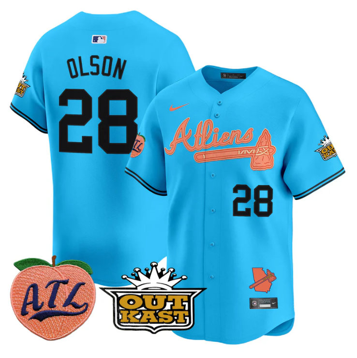 Matt Olson Jersey #28 Atlanta Braves Atliens Peach Vapor Premier Limited Stitched Light Blue