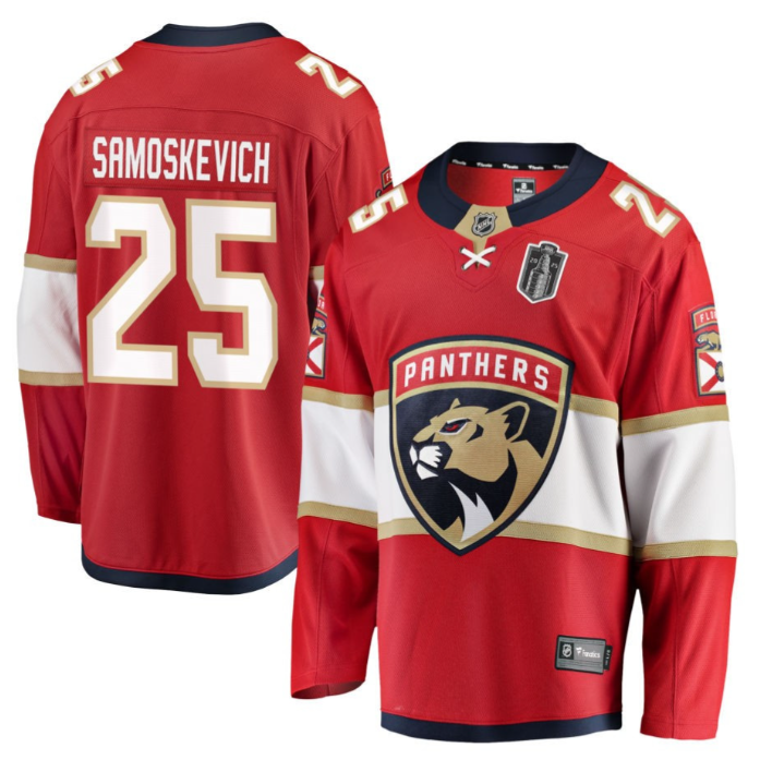 Mackie Samoskevich 25 Florida Panthers 2025 Stanley Cup Final Home Breakaway Men Jersey Red