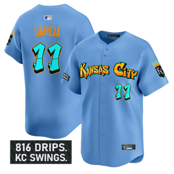 Maikel Garcia Jersey #11 Kansas City Royals Graffiti Crown Drop Stitched Blue