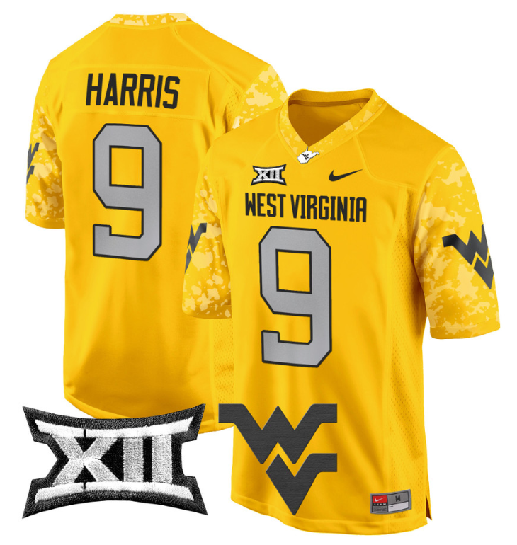 Major Harris Jersey #9 West Virginia Mountaineers Game Football Gold