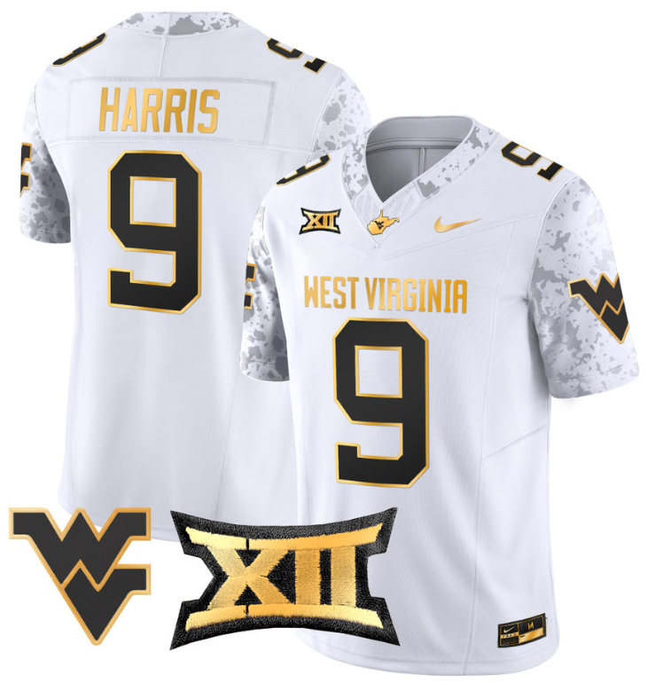 Major Harris Jersey #9 West Virginia Mountaineers Gold Vapor Football White Gold