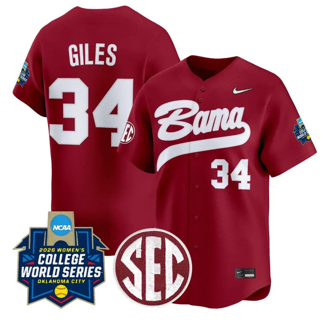 Marlie Giles Jersey #34 Alabama Softball 2026 World Series Stitched