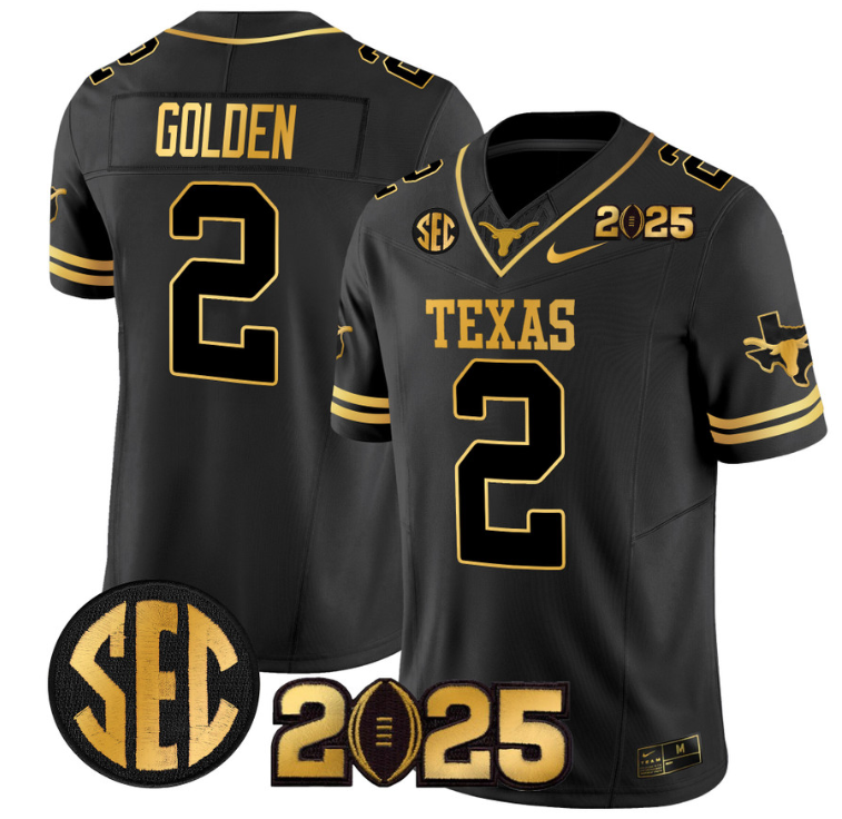 Matthew Golden Jersey #2 Texas Longhorns 2025 CFP Final Patch Black Gold