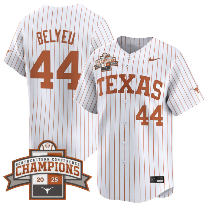 Max Belyeu Jersey #44 Texas Longhorns 2025 Southeastern Champions Vapor Stitched Pinstripe