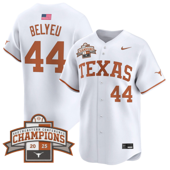 Max Belyeu Jersey #44 Texas Longhorns 2025 Southeastern Champions Vapor Stitched White