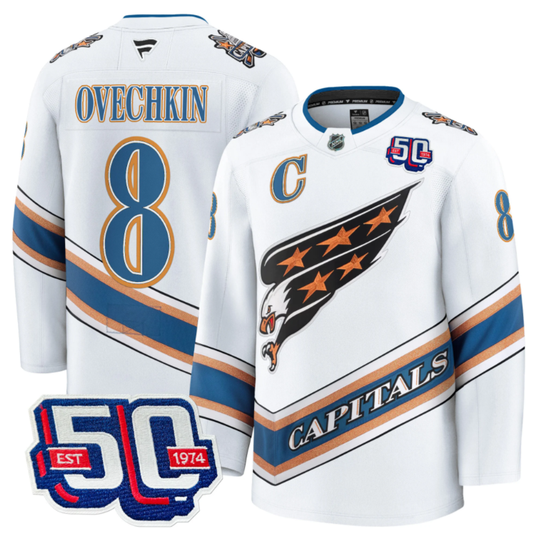 Men Alex Ovechkin Jersey #8 Washington Capitals Eagle 50th Anniversary White