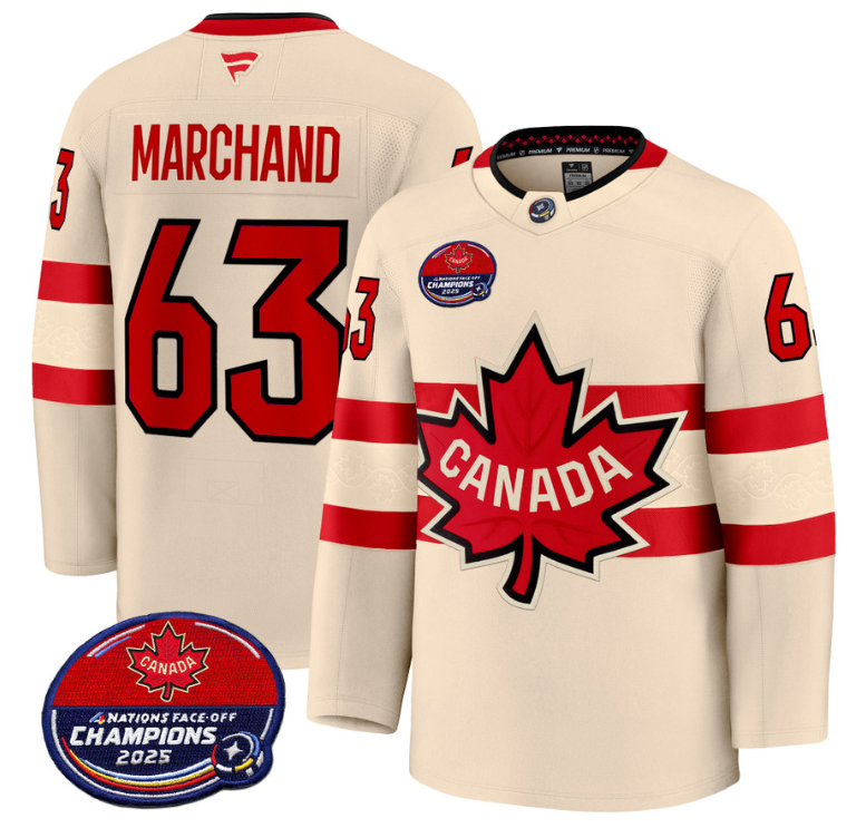 Men Brad Marchand Jersey #63 Canada 4 Nations Face-Off 2025 Champions V2 Cream