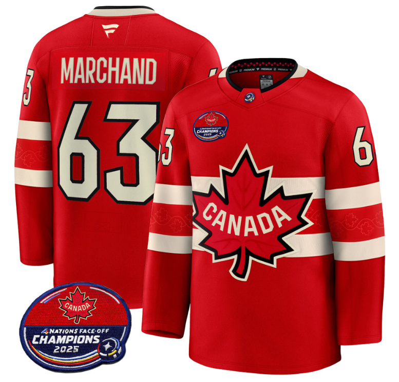 Men Brad Marchand Jersey #63 Canada 4 Nations Face-Off 2025 Champions V2 Red