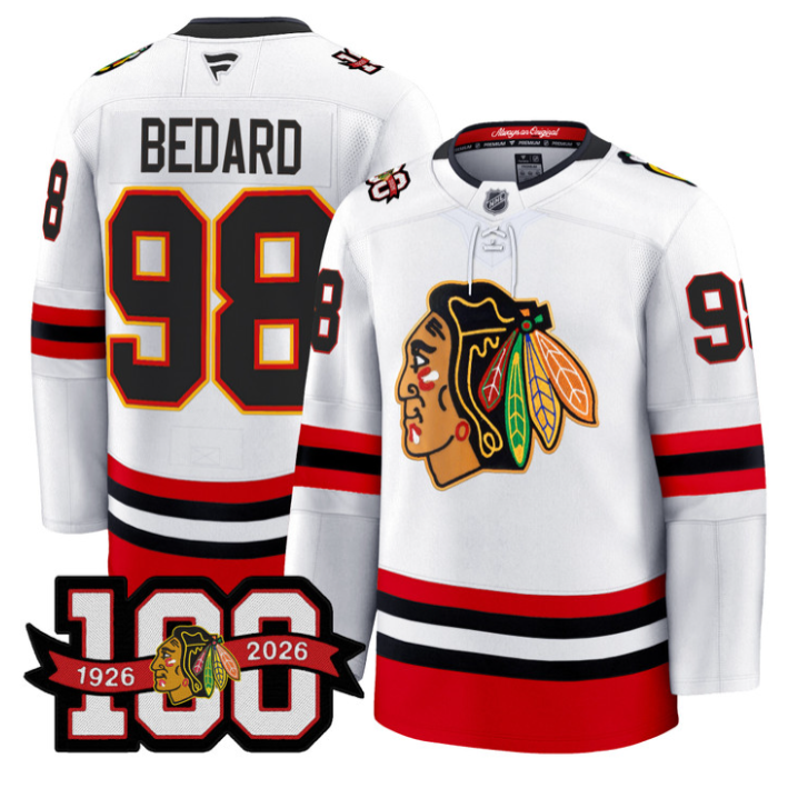 Men Connor Bedard Jersey #98 Chicago Blackhawks 100th Anniversary Stitched White
