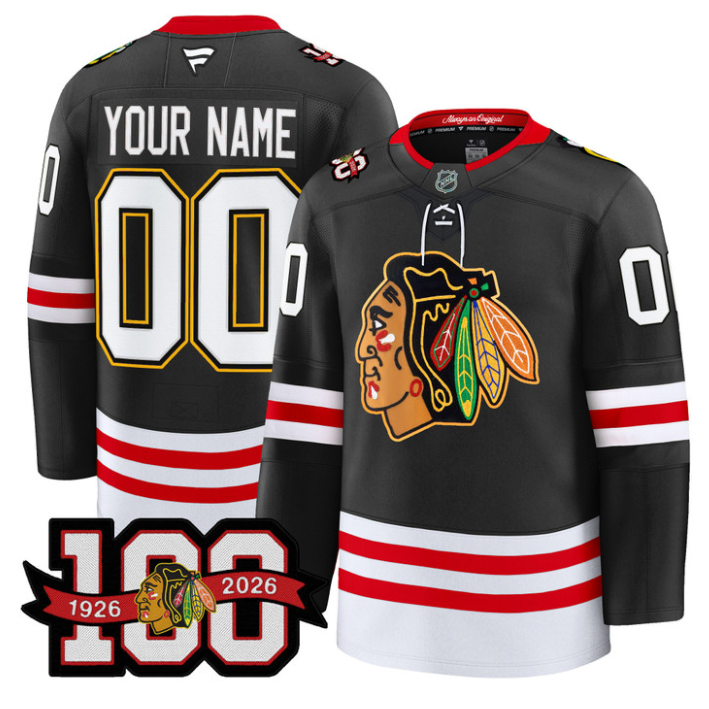 Men Custom Chicago Blackhawks Jersey 100th Anniversary Premium Stitched Black