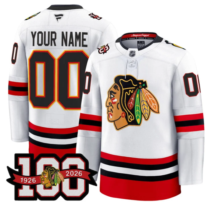 Men Custom Chicago Blackhawks Jersey 100th Anniversary Premium Stitched White