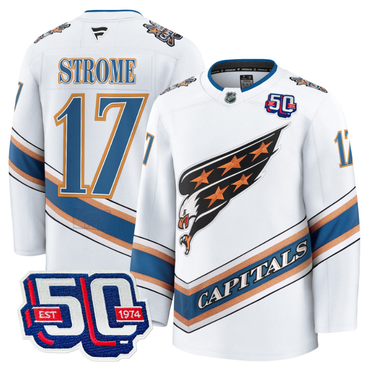 Men Dylan Strome Jersey #17 Washington Capitals Eagle 50th Anniversary White (Copy)