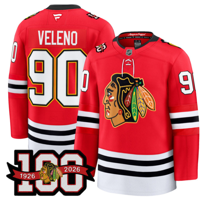 Men Joe Veleno Jersey #90 Chicago Blackhawks 100th Anniversary Stitched Red