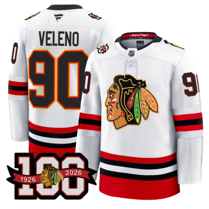 Men Joe Veleno Jersey #90 Chicago Blackhawks 100th Anniversary Stitched White