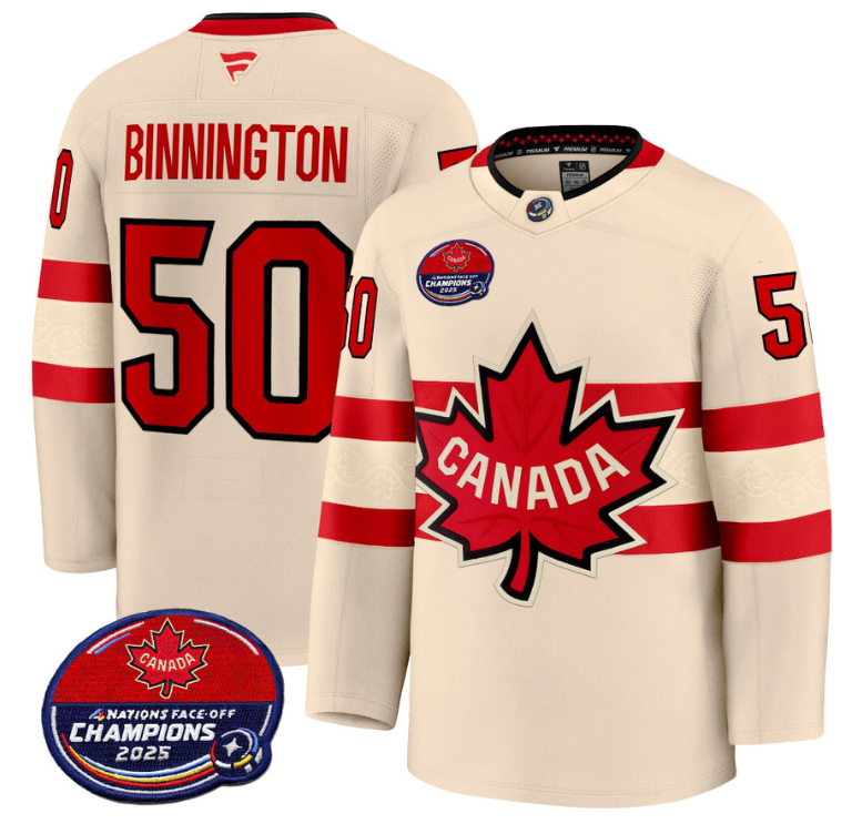 Men Jordan Binnington Jersey #50 Canada 4 Nations 2025 Champions V2 Cream