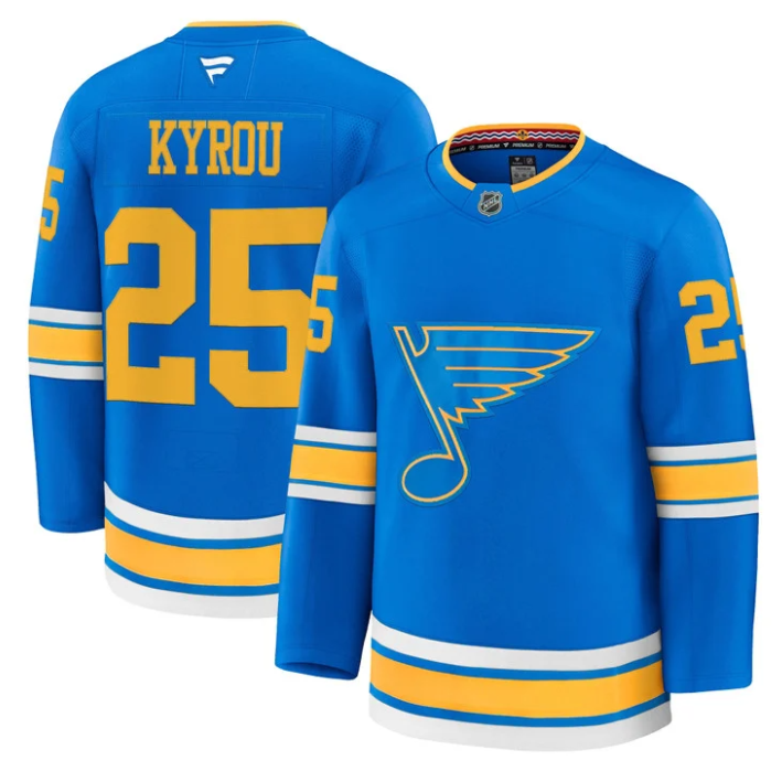 Men Jordan Kyrou Jersey #25 St. Louis Blues 2025-26 Premium Stitched Blue